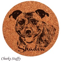 Cheeky Staffordshire Terrier 2X Personalized Engraved 10cm Cork Coasters