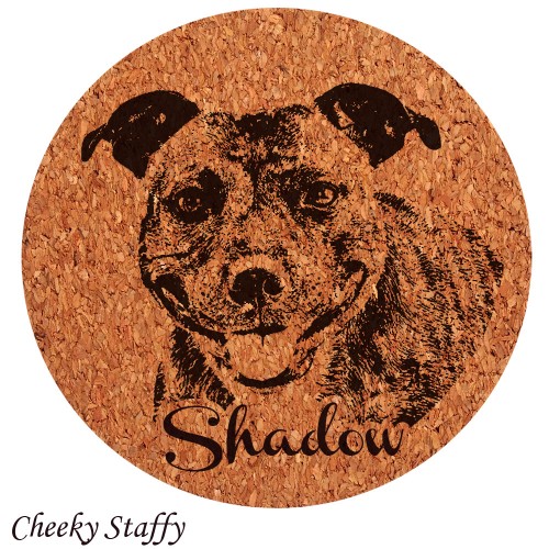 Cheeky Staffordshire Terrier 2X Personalized Engraved 10cm Cork Coasters