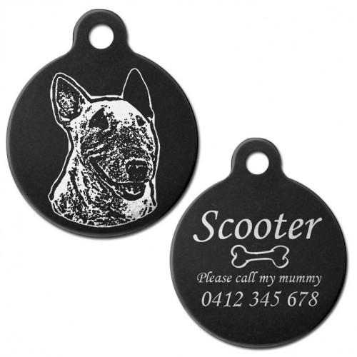 Australian Bull Terrier Black Engraved 31mm Large Round Pet Dog ID Tag