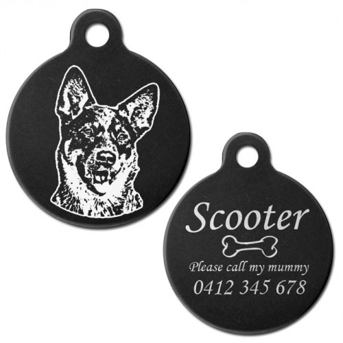 Australian Cattle Dog Black Engraved 31mm Large Round Pet Dog ID Tag