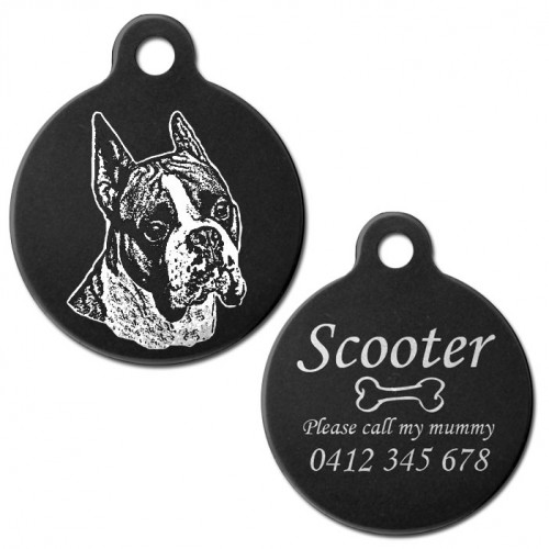 Boxer Cropped Ear Black Engraved 31mm Large Round Pet Dog ID Tag