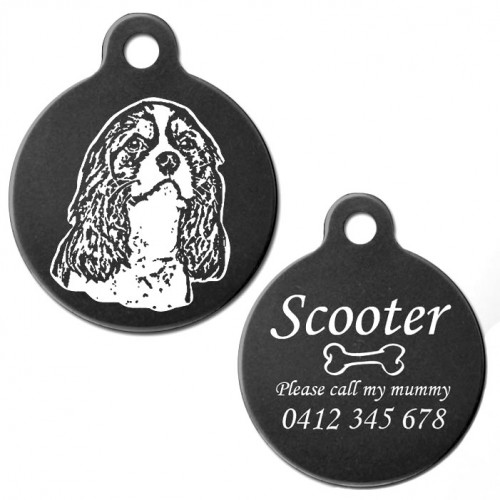Cavalier King Charles Spaniel Style A Black Engraved 31mm Large Round Pet Dog ID Tag