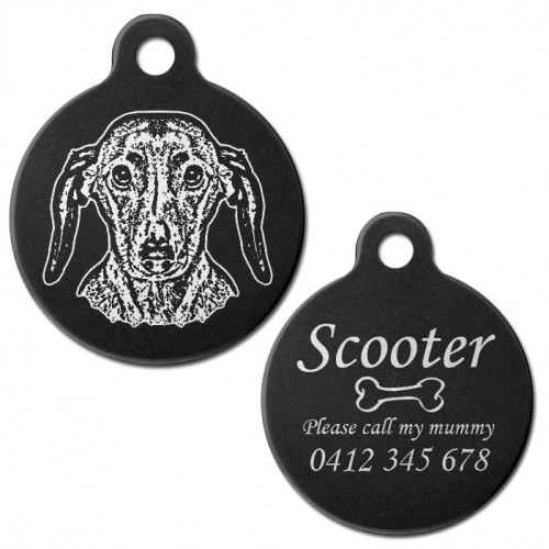 Dachshund Black Engraved 31mm Large Round Pet Dog ID Tag