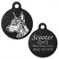 Doberman Cropped Ear Black Engraved 31mm Large Round Pet Dog ID Tag