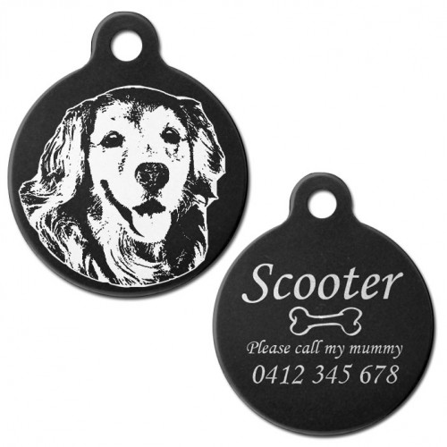 Golden Retriever Black Engraved 31mm Large Round Pet Dog ID Tag