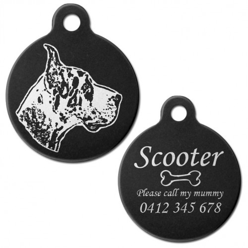 Great Dane Black Engraved 31mm Large Round Pet Dog ID Tag