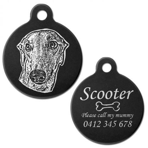Greyhound Black Engraved 31mm Large Round Pet Dog ID Tag
