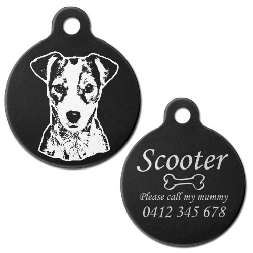 Jack Russell Terrier Black Engraved 31mm Large Round Pet Dog ID Tag