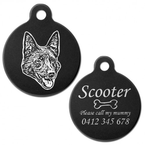 Kelpie Black Engraved 31mm Large Round Pet Dog ID Tag