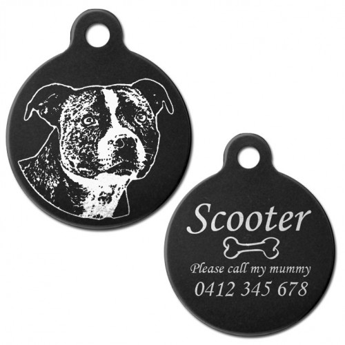 Classic Staffordshire Terrier Black Engraved 31mm Large Round Pet Dog ID Tag