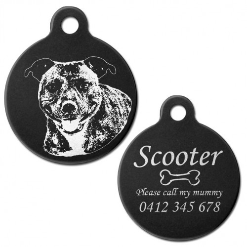 Cheeky Staffordshire Terrier Black Engraved 31mm Large Round Pet Dog ID Tag