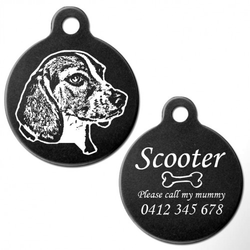 Beagle Black Engraved 31mm Large Round Pet Dog ID Tag