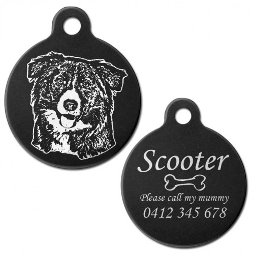 Border Collie Black Engraved 31mm Large Round Pet Dog ID Tag