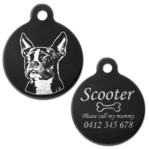 Boston Terrier Black Engraved 31mm Large Round Pet Dog ID Tag