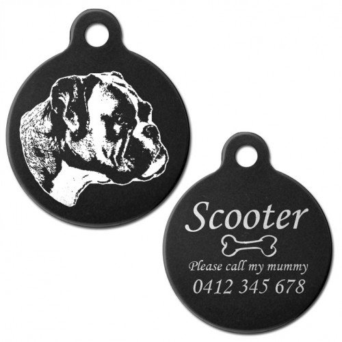 Boxer Natural Ear Black Engraved 31mm Large Round Pet Dog ID Tag