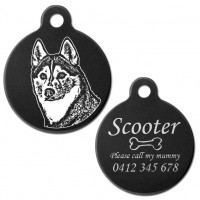 Siberian Husky Black Engraved 31mm Large Round Pet Dog ID Tag